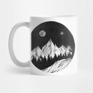 Hand inked draw of forest with mountains under the night sky with full moon and northern light Mug